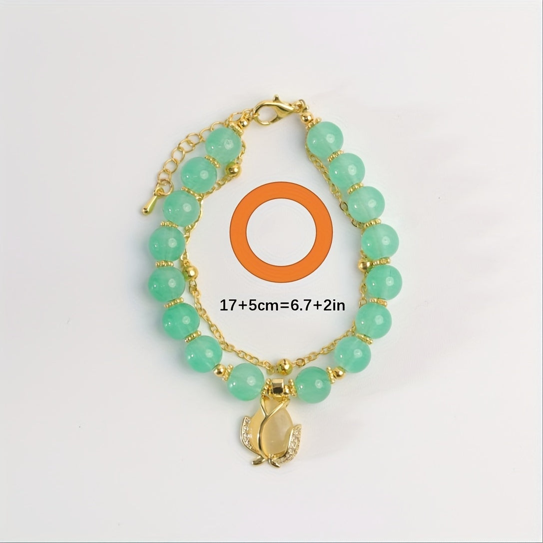 With Golden Shiny Tulip Radiant Springtime Charm - Tulip Green Jade Bracelet